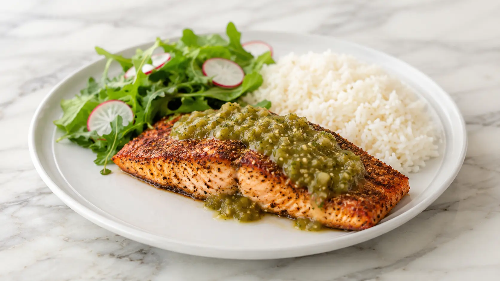 Salmon with tomatillo salsa verde Salmon with tomatillo salsa verde served on a white plate with rice and fresh green salad on a white marble surface
