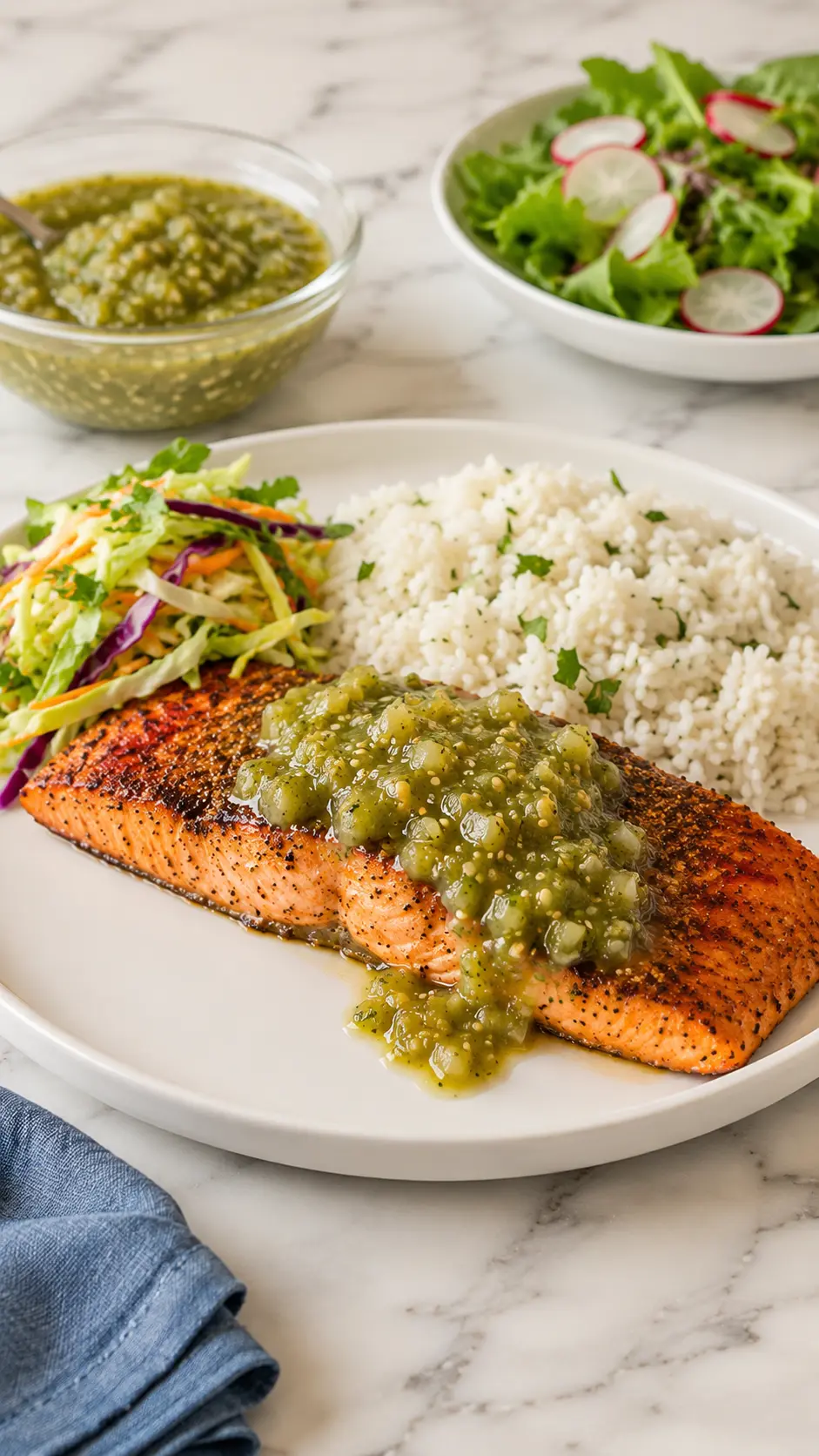 Salmon with tomatillo salsa verde served with rice and fresh salad on a white marble table