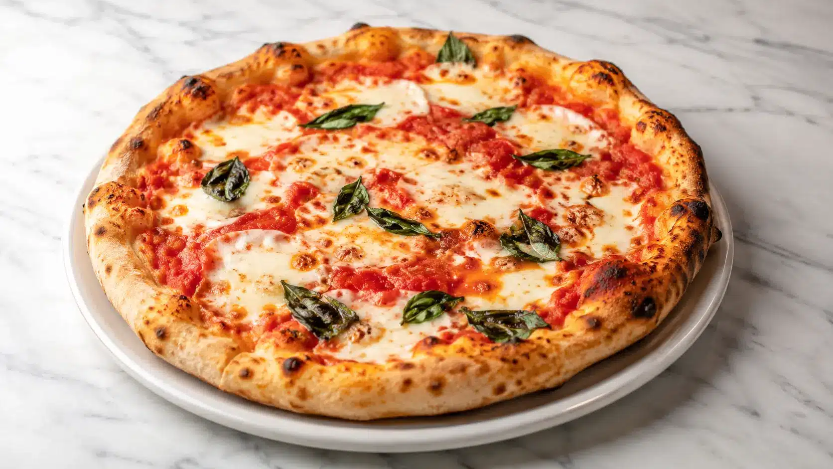 Small Batch Sourdough Pizza Dough For Two baked with a golden blistered crust and melted cheese on a white marble surface