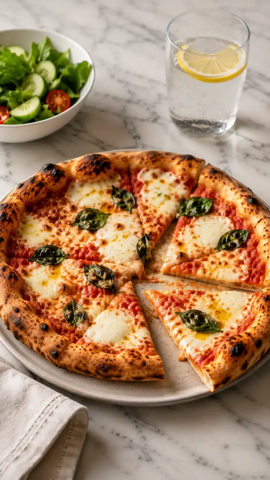 Small Batch Sourdough Pizza Dough For Two served with a fresh green salad and sparkling lemon water on a white marble table
