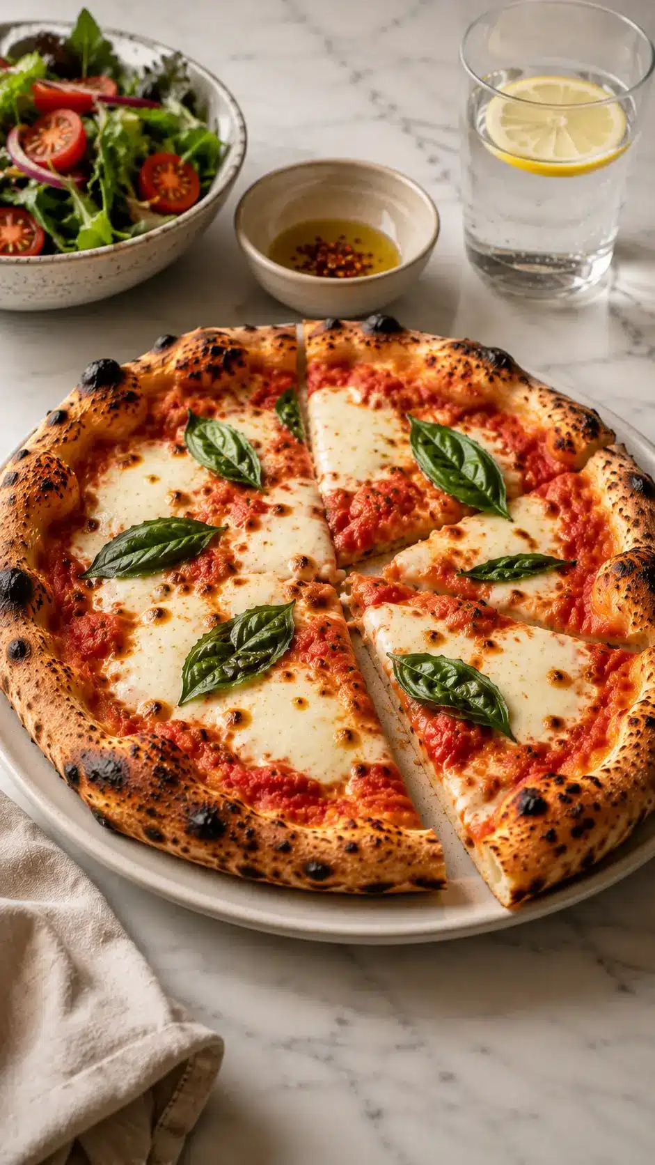 Small Batch Sourdough Pizza Dough For Two served with a fresh green salad and sparkling lemon water on a white marble table