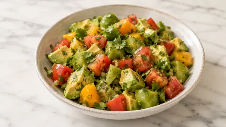 Tomatillo avocado salad made with heirloom tomatoes, fresh tomatillos, avocado, cilantro, lime juice, and olive oil in a serving bowl.