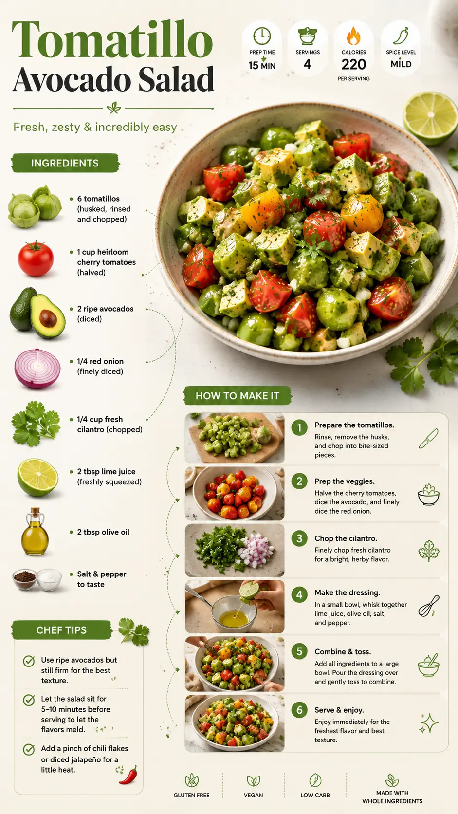 Tomatillo avocado salad recipe infographic with ingredients, step-by-step instructions, cooking tips, and a finished salad.