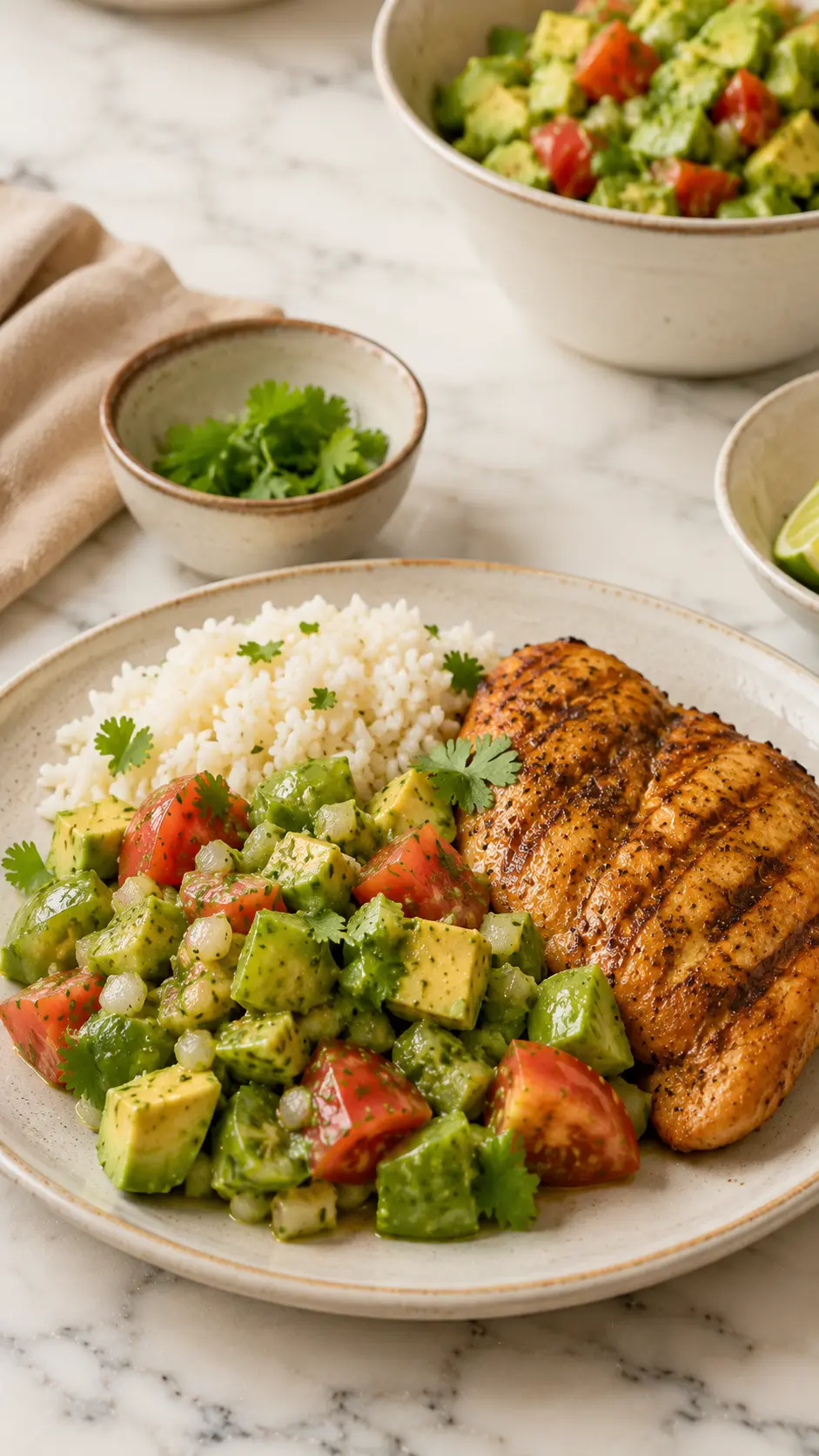 Tomatillo avocado salad served with grilled chicken and white rice on a ceramic plate in a home kitchen setting.