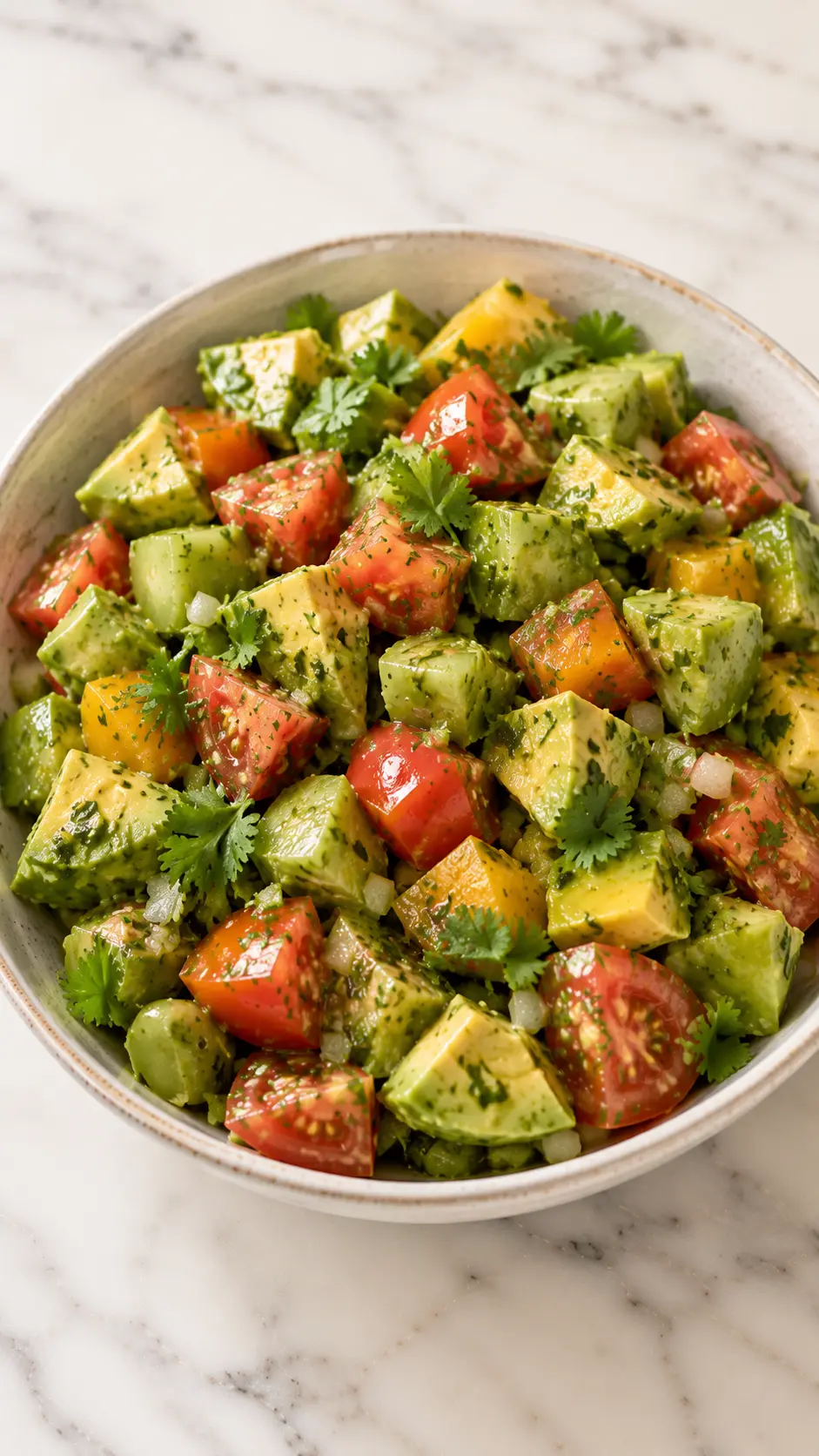 Vertical photo of Tomatillo avocado salad with heirloom tomatoes, fresh tomatillos, avocado, cilantro, lime juice, and olive oil served in a ceramic bowl.