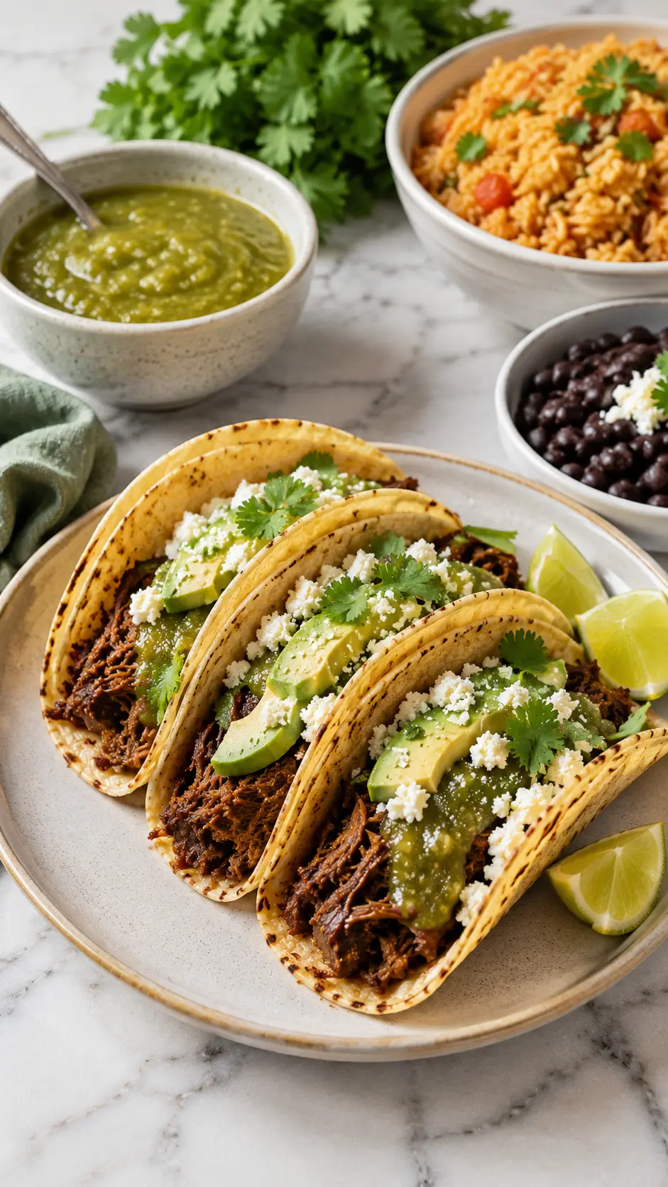 Vertical photo of Tomatillo beef tacos with slow-cooked beef, salsa verde, avocado, queso fresco, Mexican rice, and black beans on a white marble table