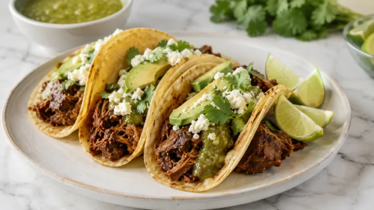 Tomatillo beef tacos with slow-cooked barbacoa, salsa verde, avocado, and queso fresco served on corn tortillas