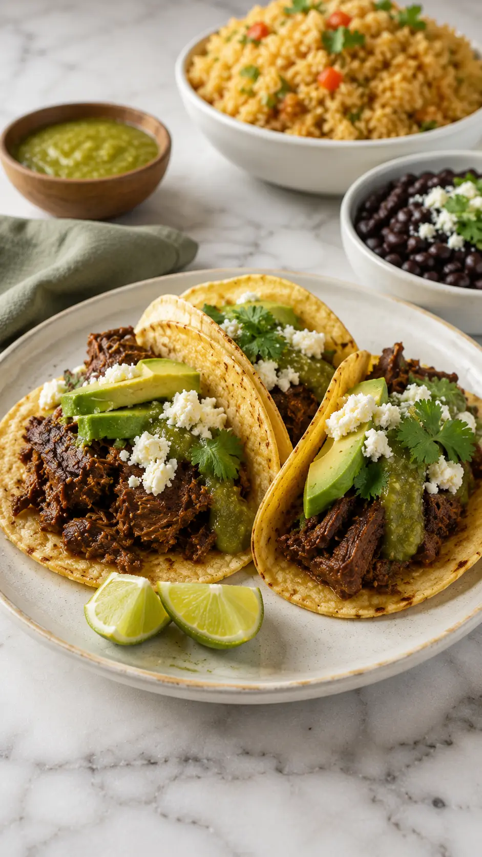 Tomatillo beef tacos served with Mexican rice, black beans, avocado, queso fresco, and salsa verde on a white marble table