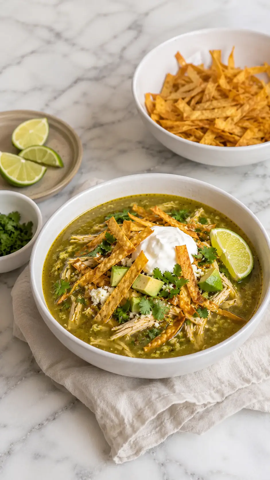 Tomatillo chicken tortilla soup Tomatillo chicken tortilla soup topped with shredded chicken, avocado, sour cream, cilantro, and crispy tortilla strips.