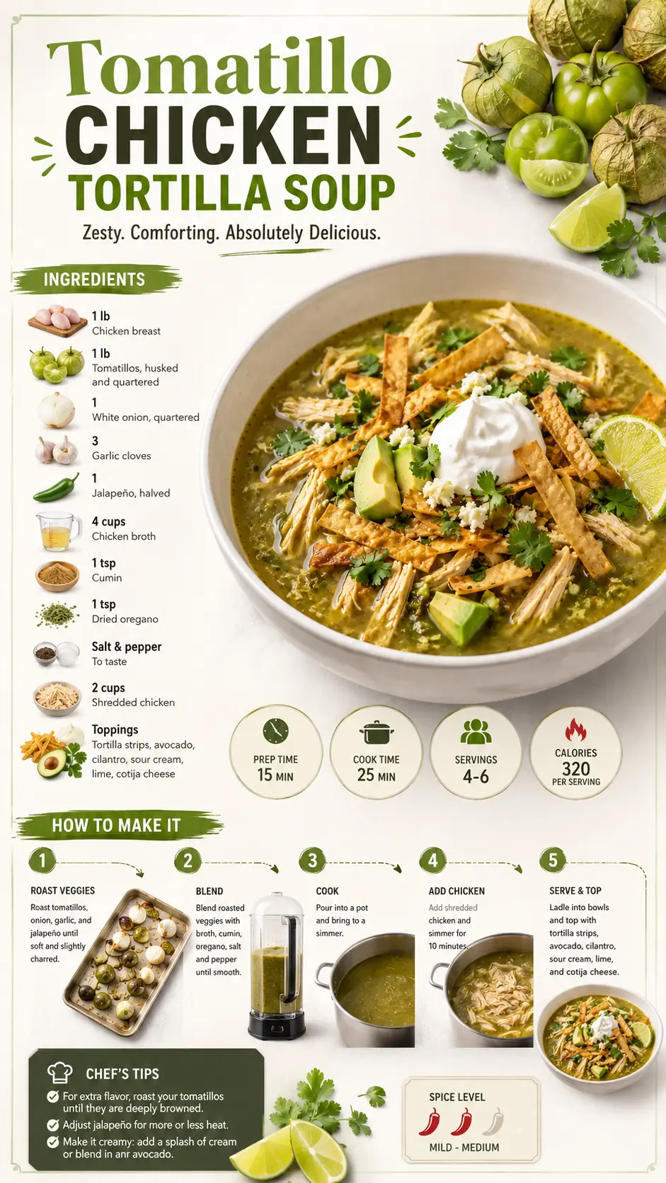 Tomatillo chicken tortilla soup Tomatillo chicken tortilla soup recipe infographic showing ingredients, cooking steps, toppings, and nutritional information.
