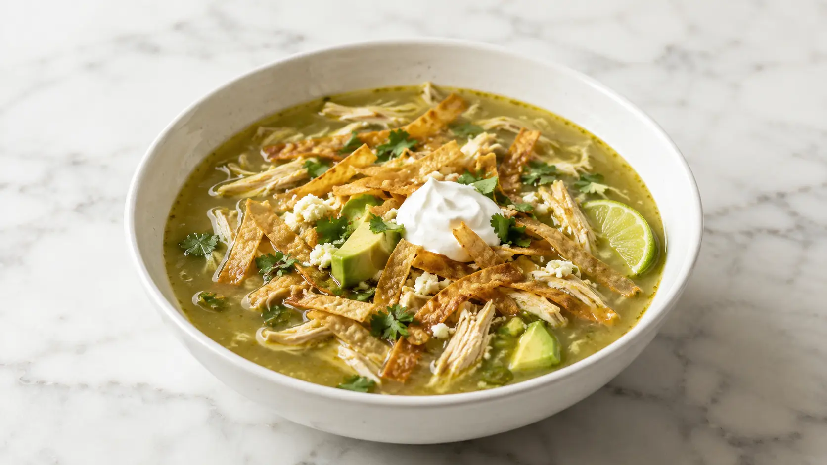 Tomatillo chicken tortilla soup Bowl of tomatillo chicken tortilla soup topped with crispy tortilla strips, shredded chicken, avocado, crema, and cilantro.