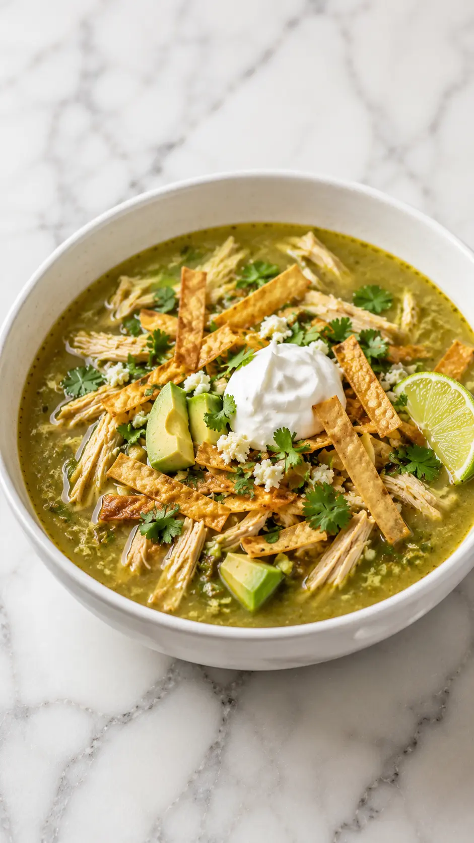 Tomatillo chicken tortilla soup Vertical 9:16 photo of tomatillo chicken tortilla soup topped with crispy tortilla strips, shredded chicken, avocado, crema, cilantro, and a lime wedge.