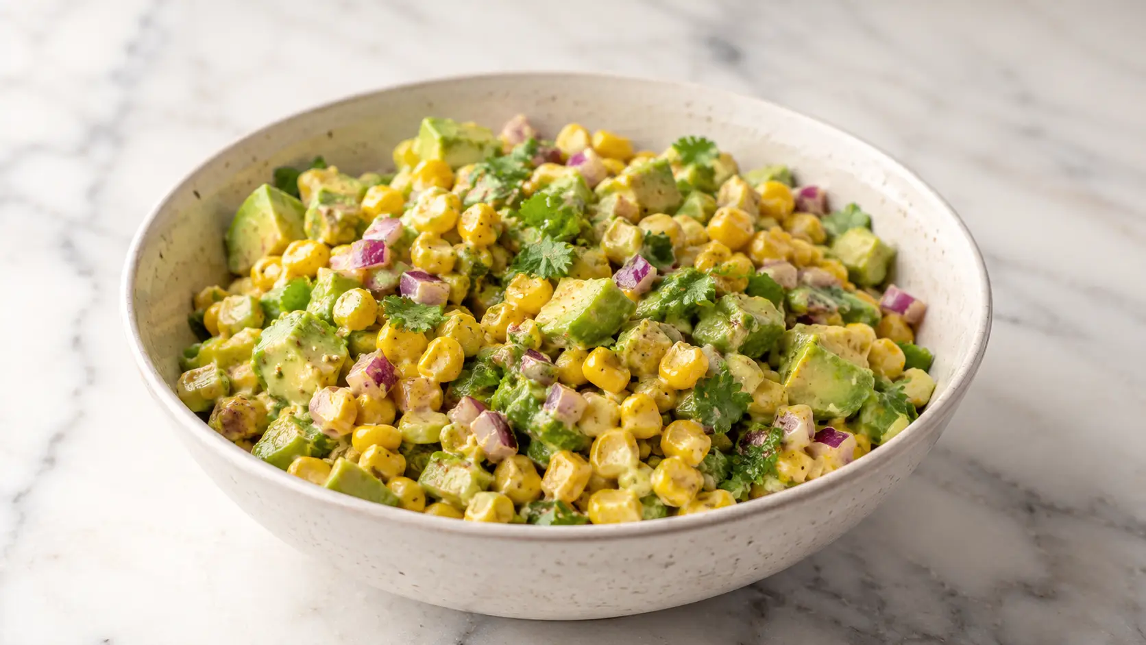 Tomatillo corn salad Tomatillo corn salad with grilled corn, tomatillos, red onion, cilantro, and creamy avocado dressing in a serving bowl.