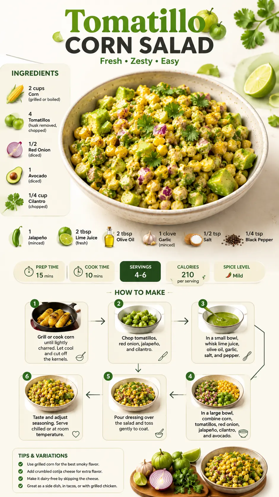 Tomatillo corn salad Vertical recipe infographic for Tomatillo corn salad featuring ingredients, step-by-step instructions, cooking tips, and the finished salad.