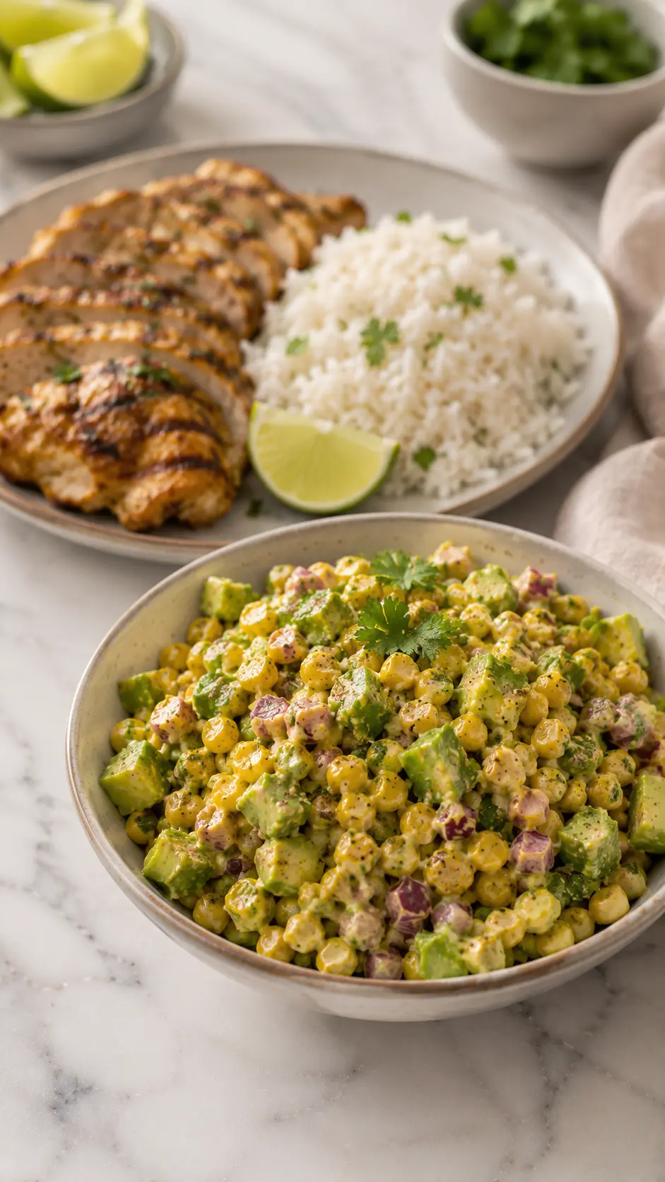Tomatillo corn salad Tomatillo corn salad served with grilled chicken and rice on a white marble table in a vertical 9:16 photo.