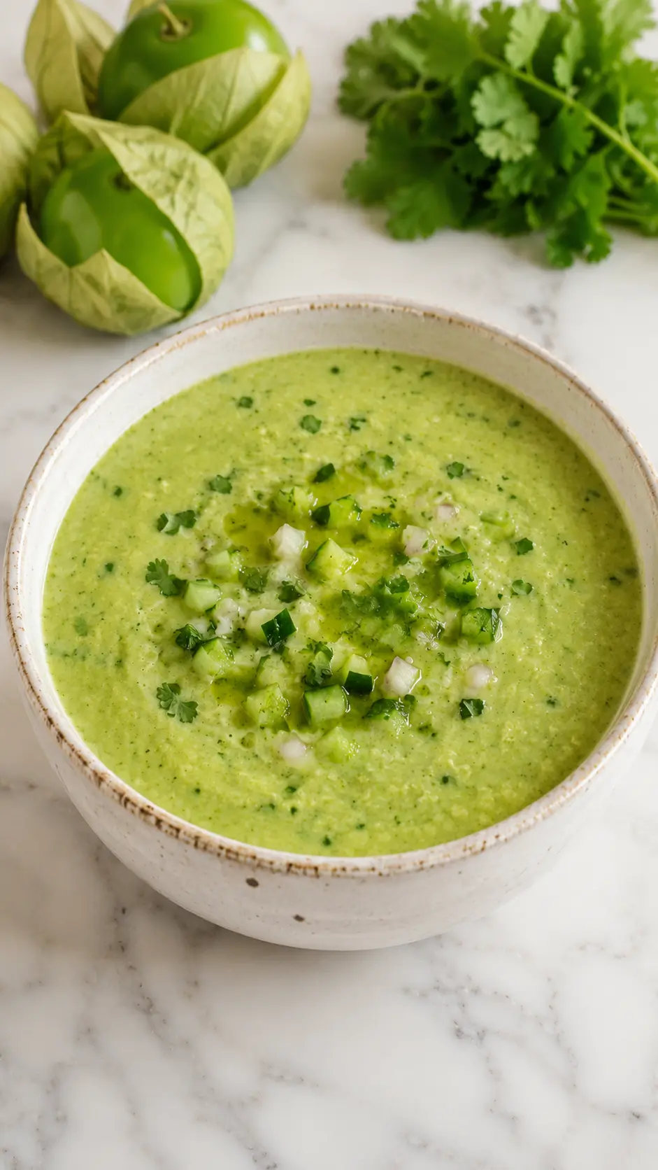 Tomatillo gazpacho Bowl of chilled tomatillo gazpacho made with fresh tomatillos, cucumber, avocado, and cilantro on a white marble surface.