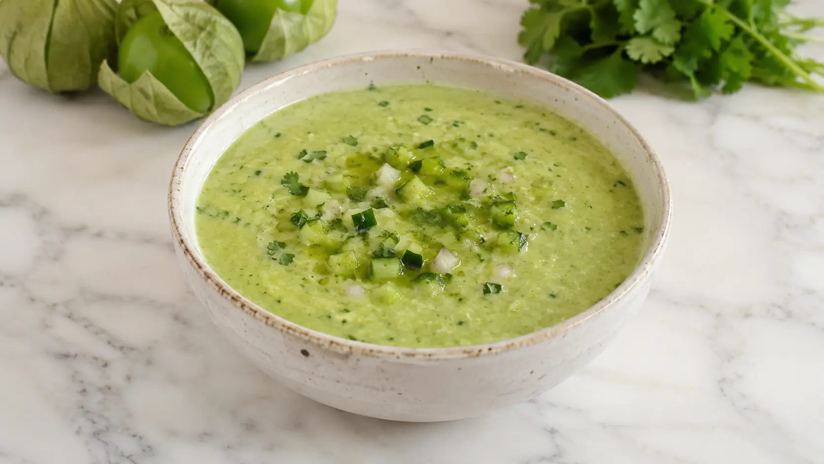 Tomatillo gazpacho Bowl of chilled tomatillo gazpacho made with fresh tomatillos, cucumber, avocado, and cilantro on a white marble surface.