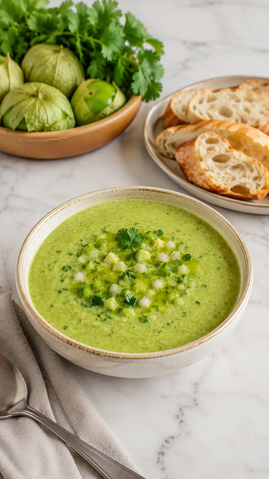 Tomatillo gazpacho Bowl of chilled tomatillo gazpacho served with sliced bread on a white marble table.