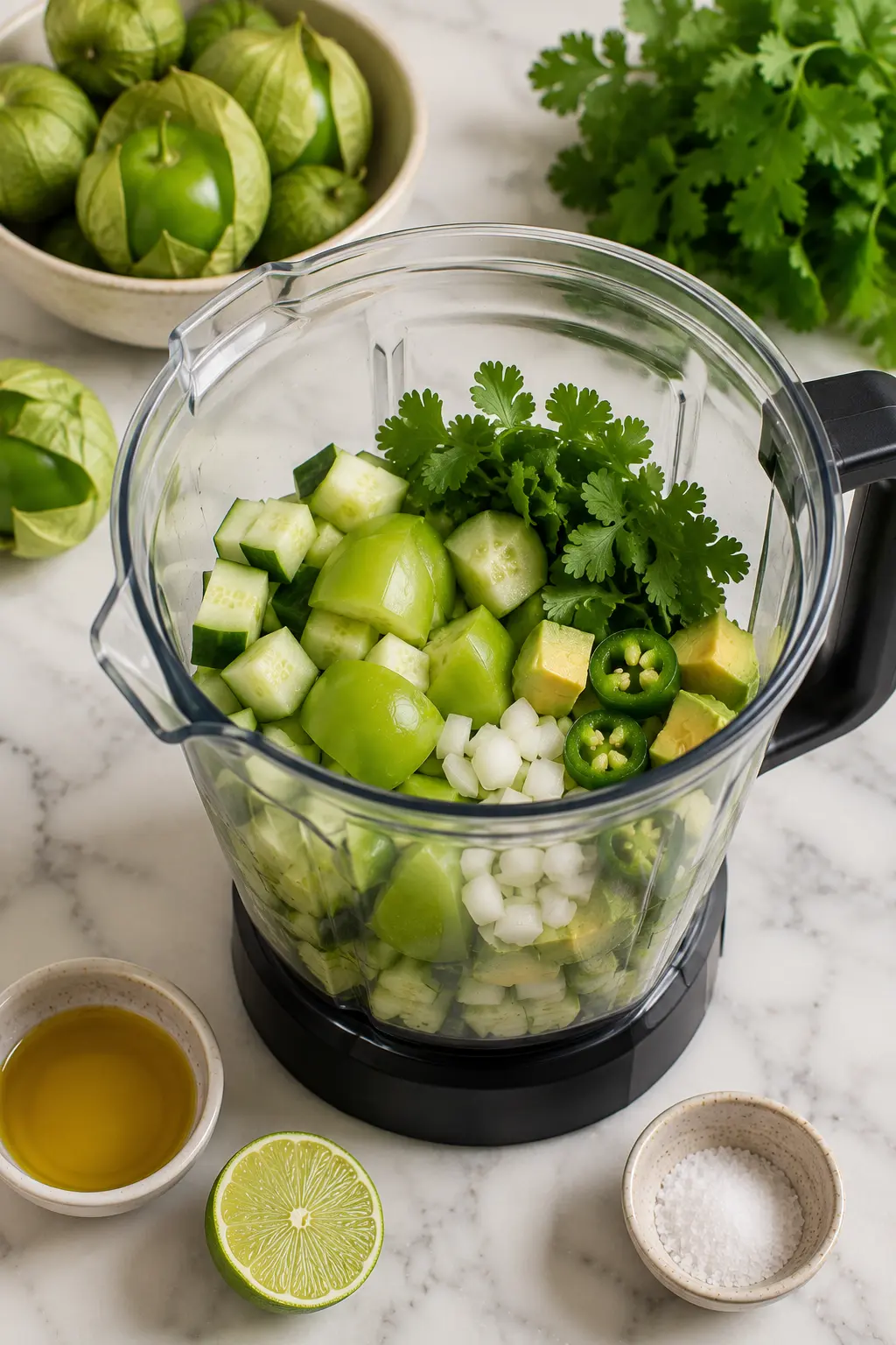 Tomatillo gazpacho Fresh tomatillos, cucumber, avocado, jalapeรฑo, onion, and cilantro in a blender before making tomatillo gazpacho.