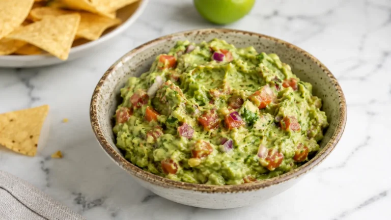 Tomatillo guacamole served in a ceramic bowl with avocado, tomatillos, tomatoes, and red onion on a white marble surface