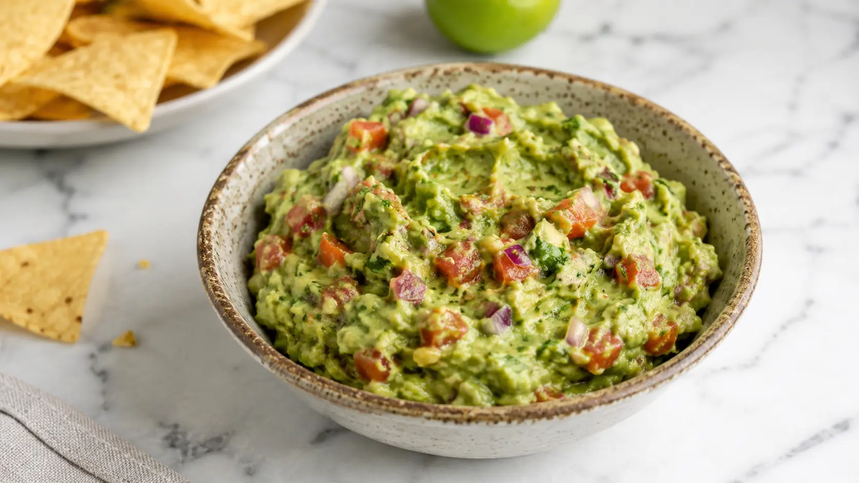 Tomatillo guacamole Tomatillo guacamole served in a ceramic bowl with avocado, tomatillos, tomatoes, and red onion on a white marble surface