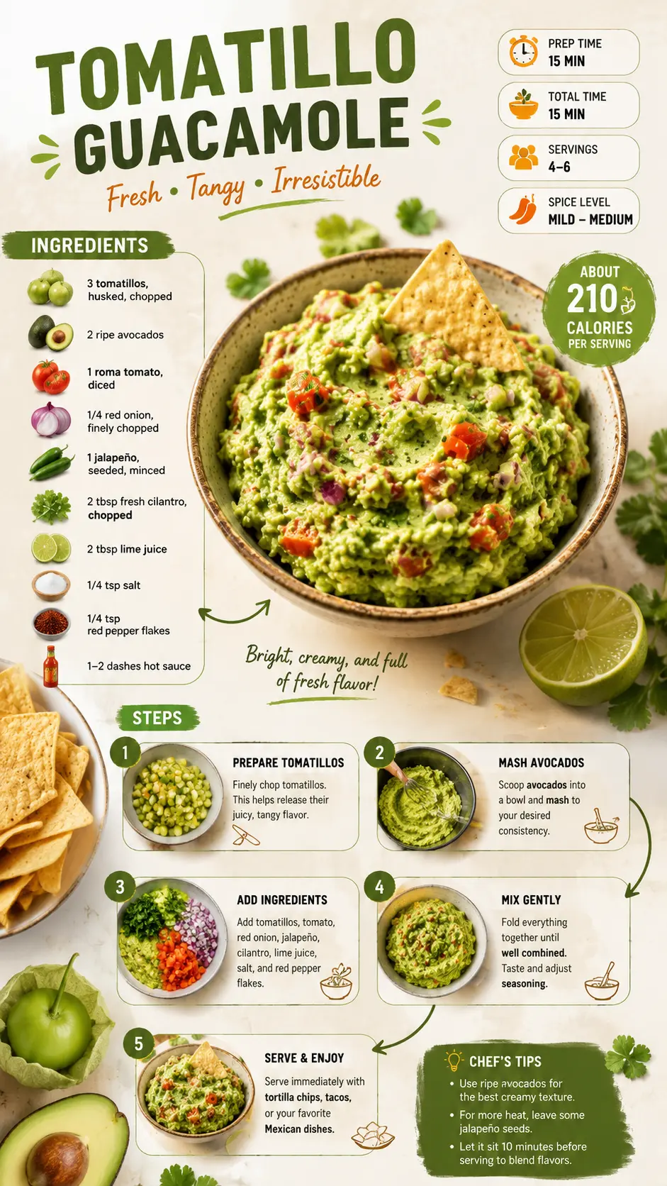 Tomatillo guacamole Tomatillo guacamole recipe infographic with ingredients, step-by-step instructions, preparation time, servings, and cooking tips