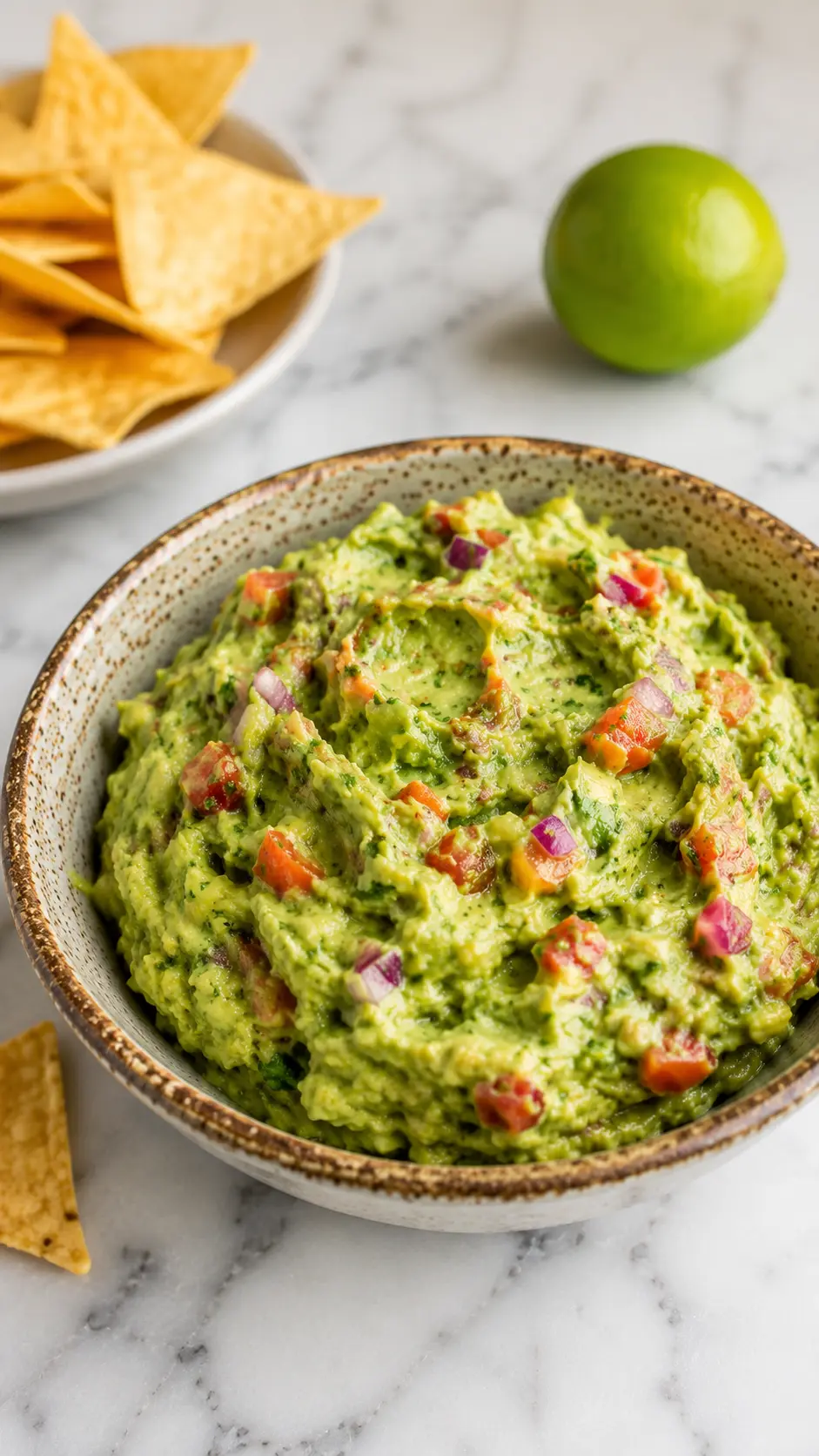 Tomatillo guacamole Tomatillo guacamole in a rustic bowl with avocado, tomatillos, tomatoes, and red onion on a white marble countertop