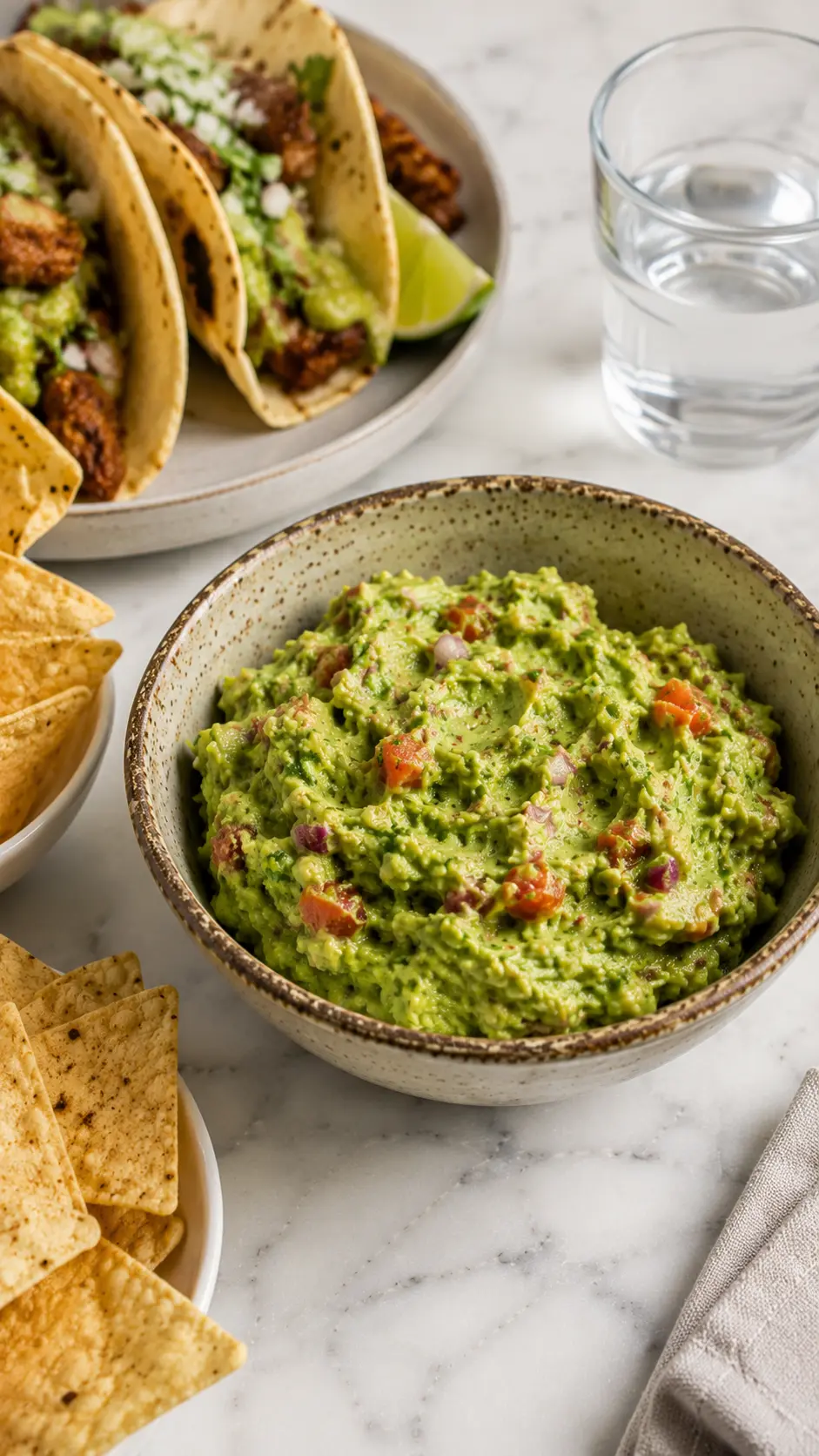 Tomatillo guacamole Tomatillo guacamole served with tacos and tortilla chips on a white marble table