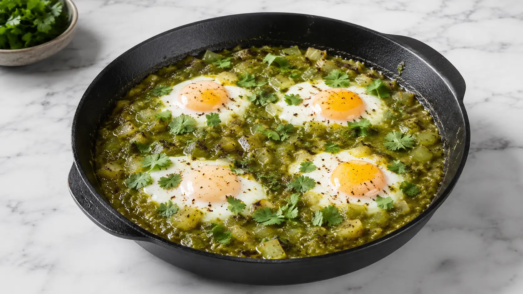 Tomatillo shakshuka Tomatillo shakshuka with eggs cooked in green tomatillo sauce in a cast iron skillet