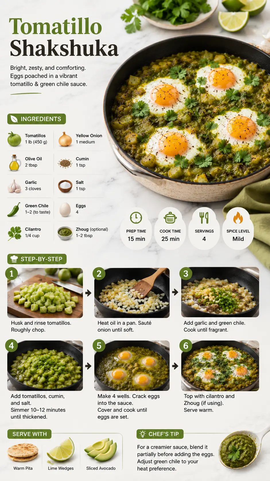 Tomatillo shakshuka Tomatillo shakshuka recipe infographic showing ingredients, step by step instructions, and the finished green shakshuka with eggs