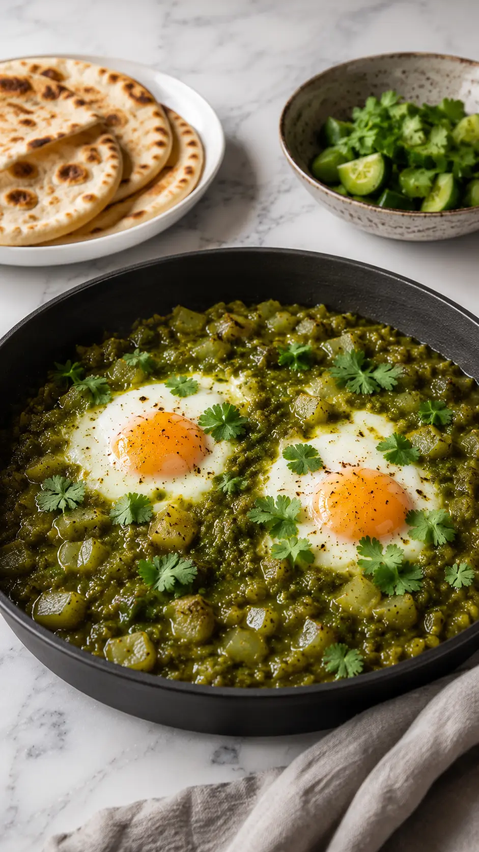 Tomatillo shakshuka Tomatillo shakshuka served with warm pita bread and a fresh green salad on a white marble table