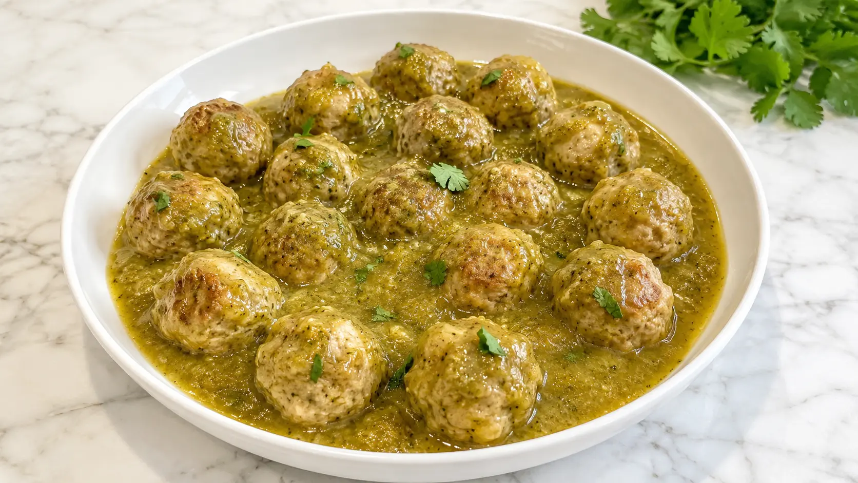 Tomatillo turkey meatballs Tomatillo turkey meatballs baked in salsa verde and served in a white bowl on a Carrara marble surface