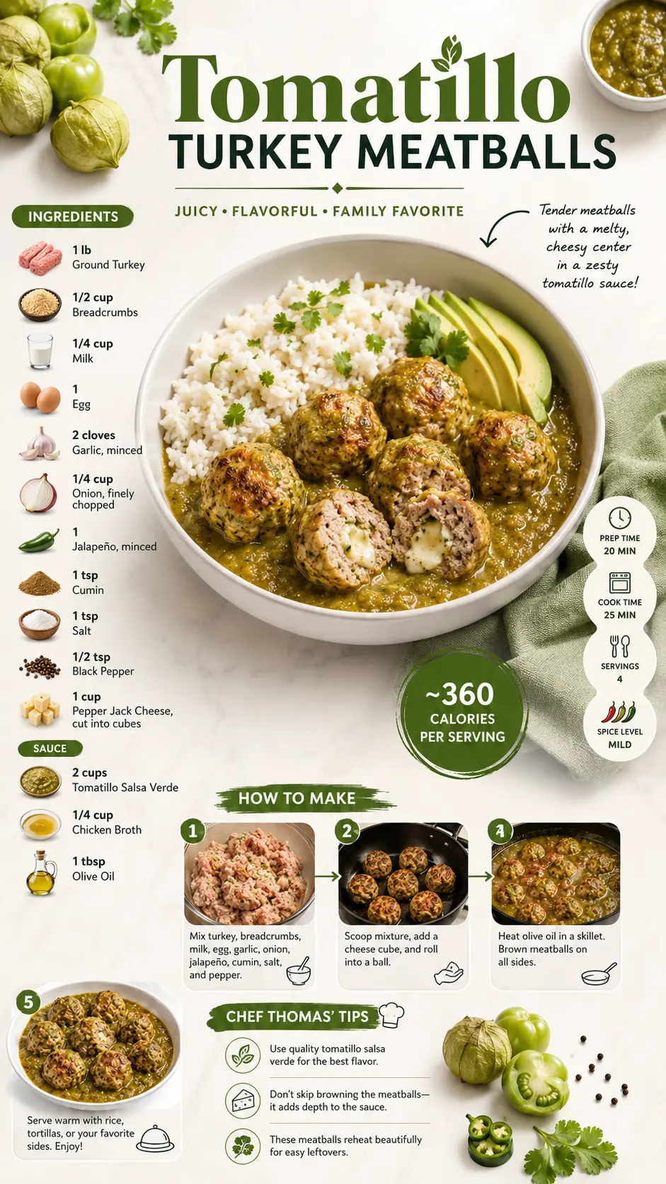 Tomatillo turkey meatballs Tomatillo turkey meatballs recipe infographic showing ingredients, step-by-step cooking instructions, serving information, and the finished dish
