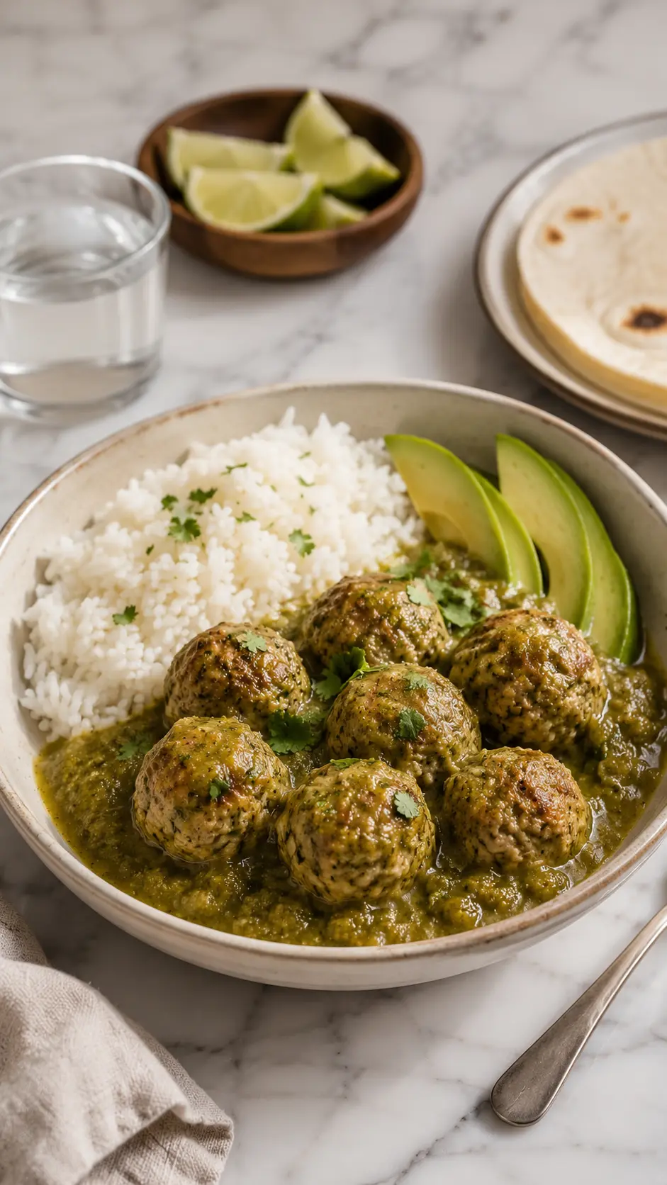 Tomatillo turkey meatballs Tomatillo turkey meatballs served with white rice, avocado, tortillas, and salsa verde in a home-style meal