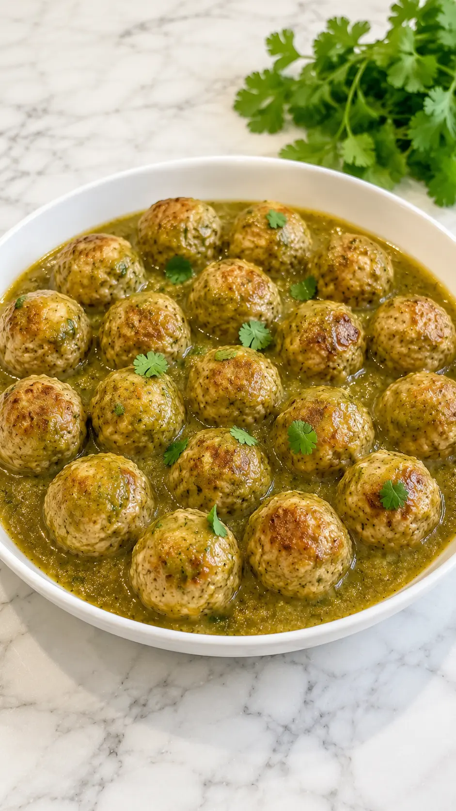 Tomatillo turkey meatballs Vertical photo of Tomatillo turkey meatballs baked in salsa verde and served in a white bowl on a white Carrara marble countertop