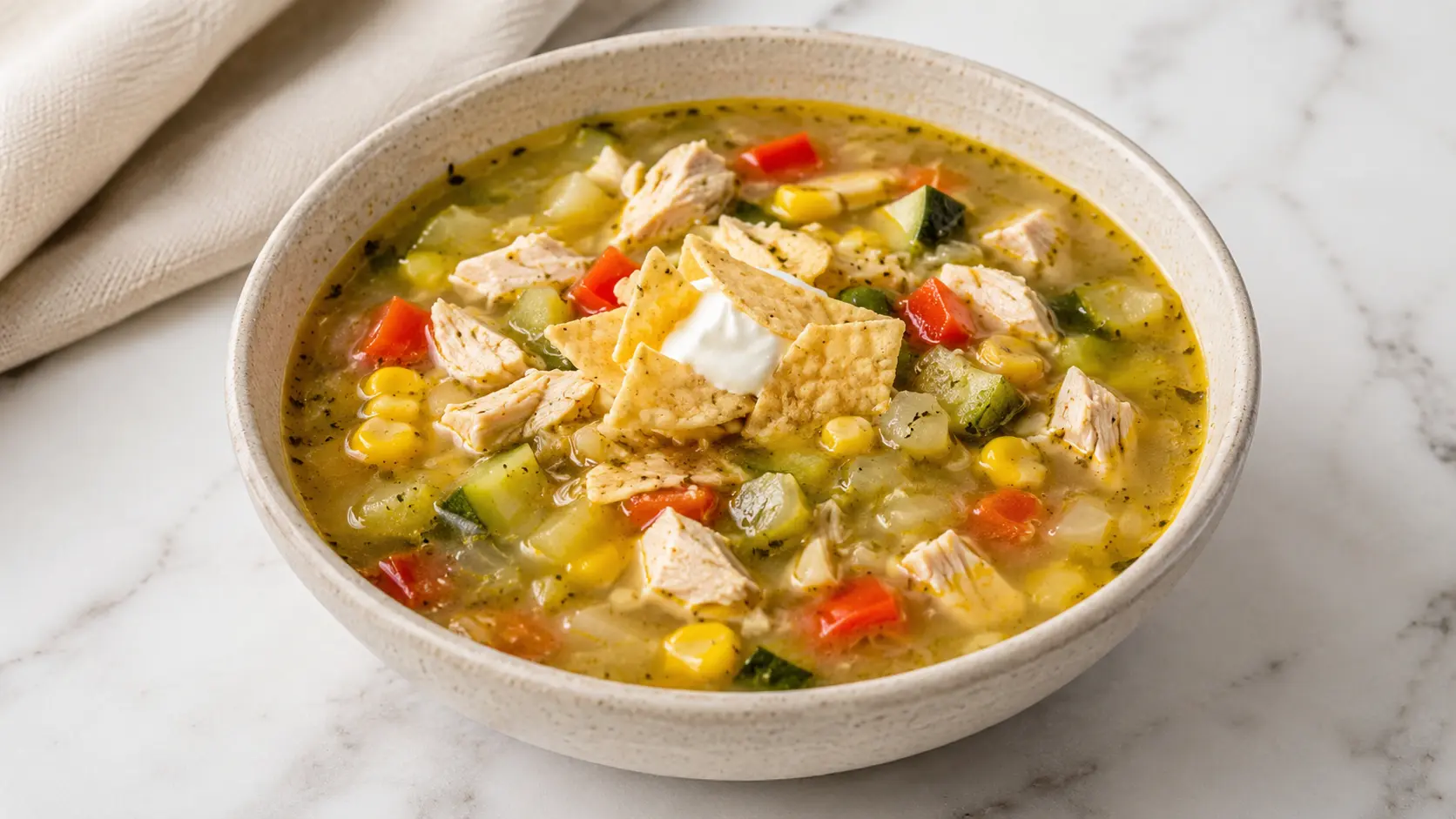 Tomatillo turkey soup Bowl of tomatillo turkey soup with turkey, vegetables, sour cream, and tortilla chips on a white marble surface