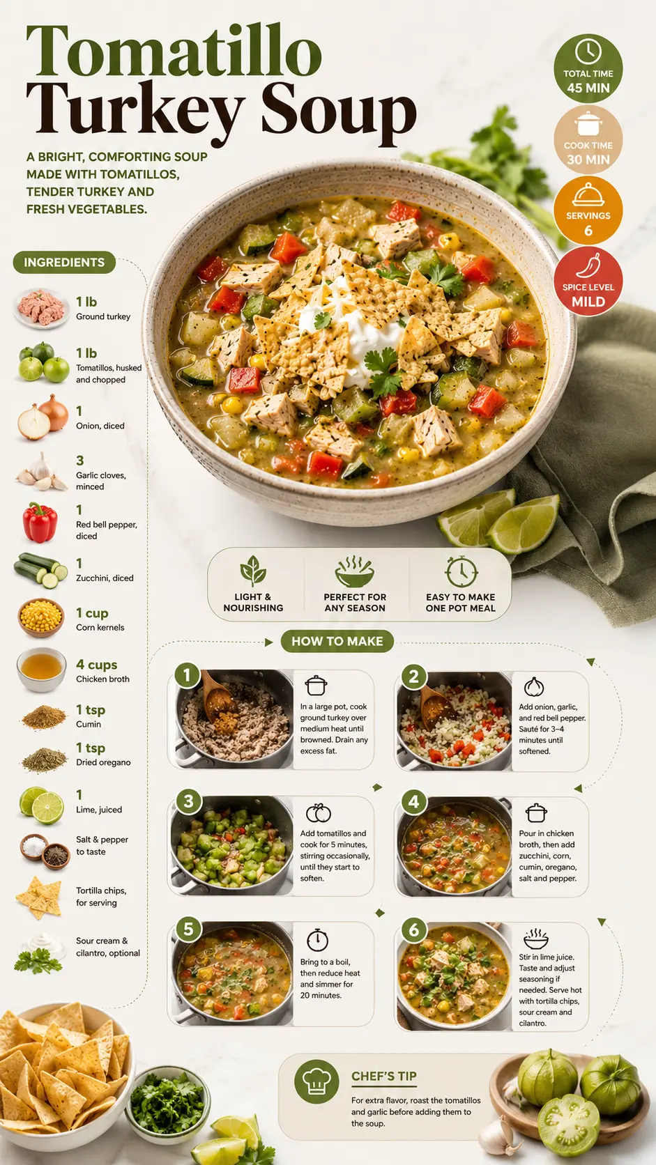 Tomatillo turkey soup Tomatillo turkey soup recipe infographic showing ingredients, step-by-step instructions, and a finished bowl of soup in a vertical 9:16 layout