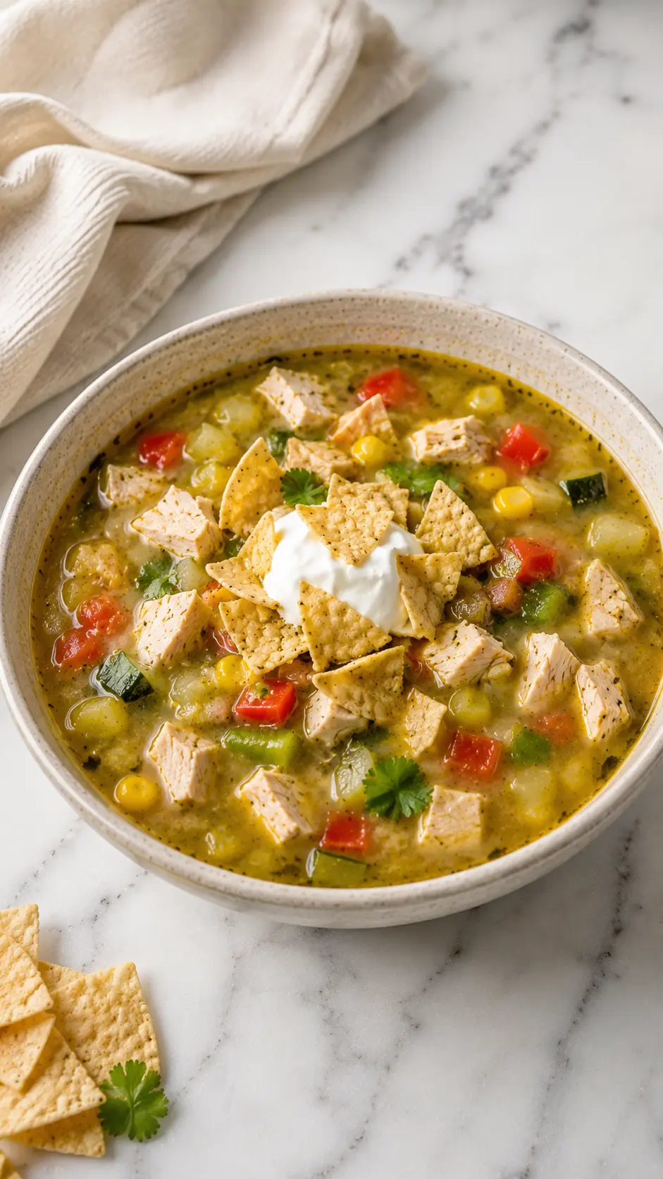 Tomatillo turkey soup Vertical photo of Tomatillo turkey soup topped with sour cream and tortilla chips in a rustic bowl on a white marble surface