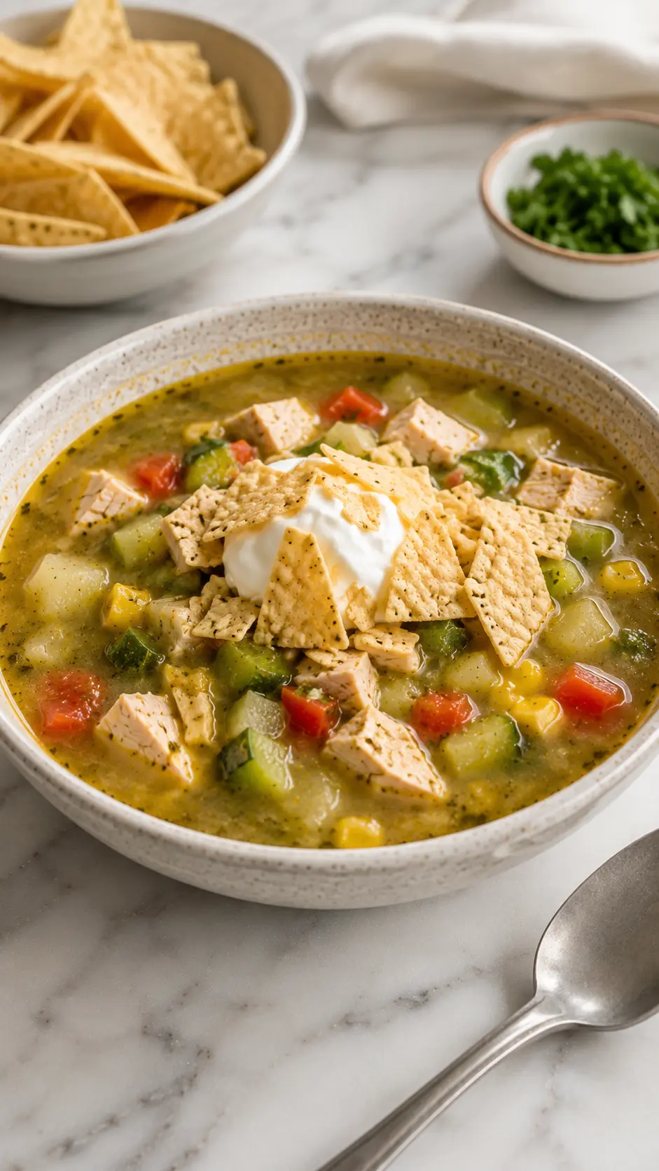 Tomatillo turkey soup Tomatillo turkey soup served in a rustic bowl with sour cream and tortilla chips on a white marble table