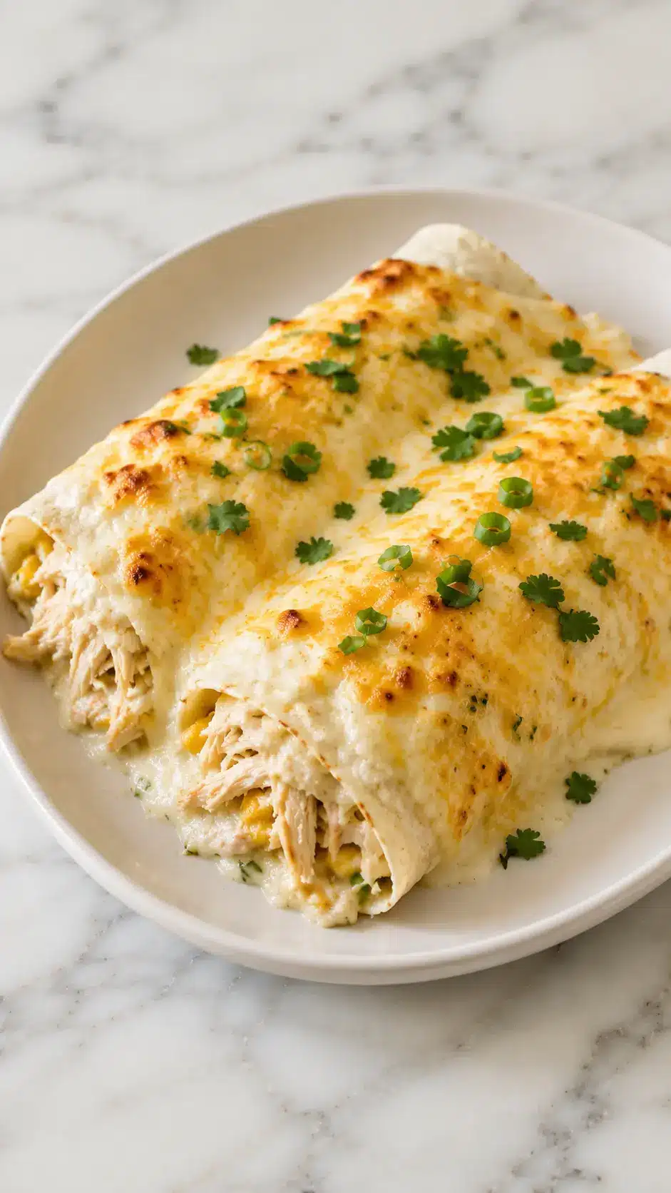 White Chicken Enchiladas topped with creamy white sauce and melted cheese, served on a white plate over a Carrara marble surface.