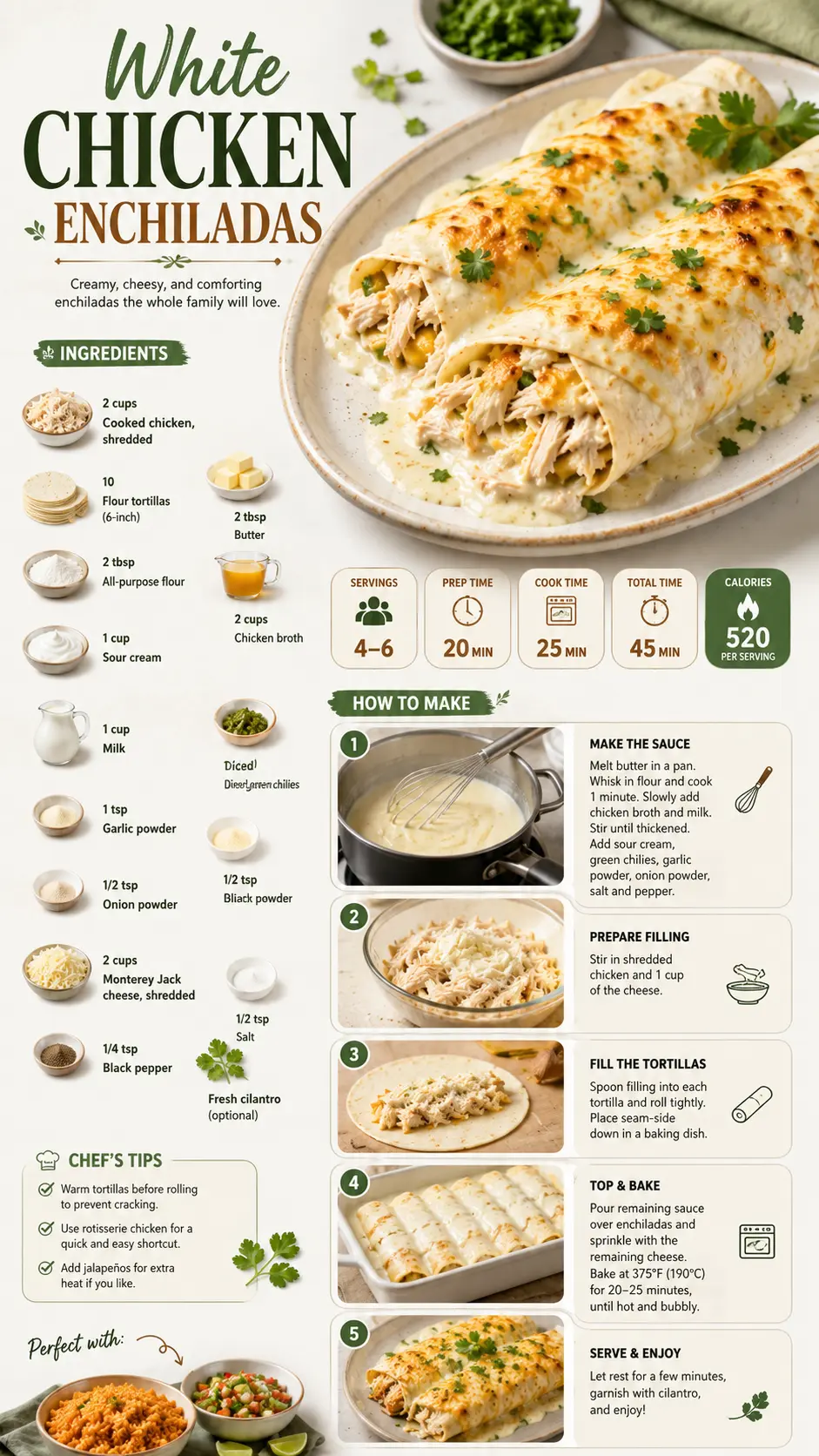 White Chicken Enchiladas recipe infographic showing ingredients, step-by-step instructions, cooking times, and the finished creamy enchiladas.