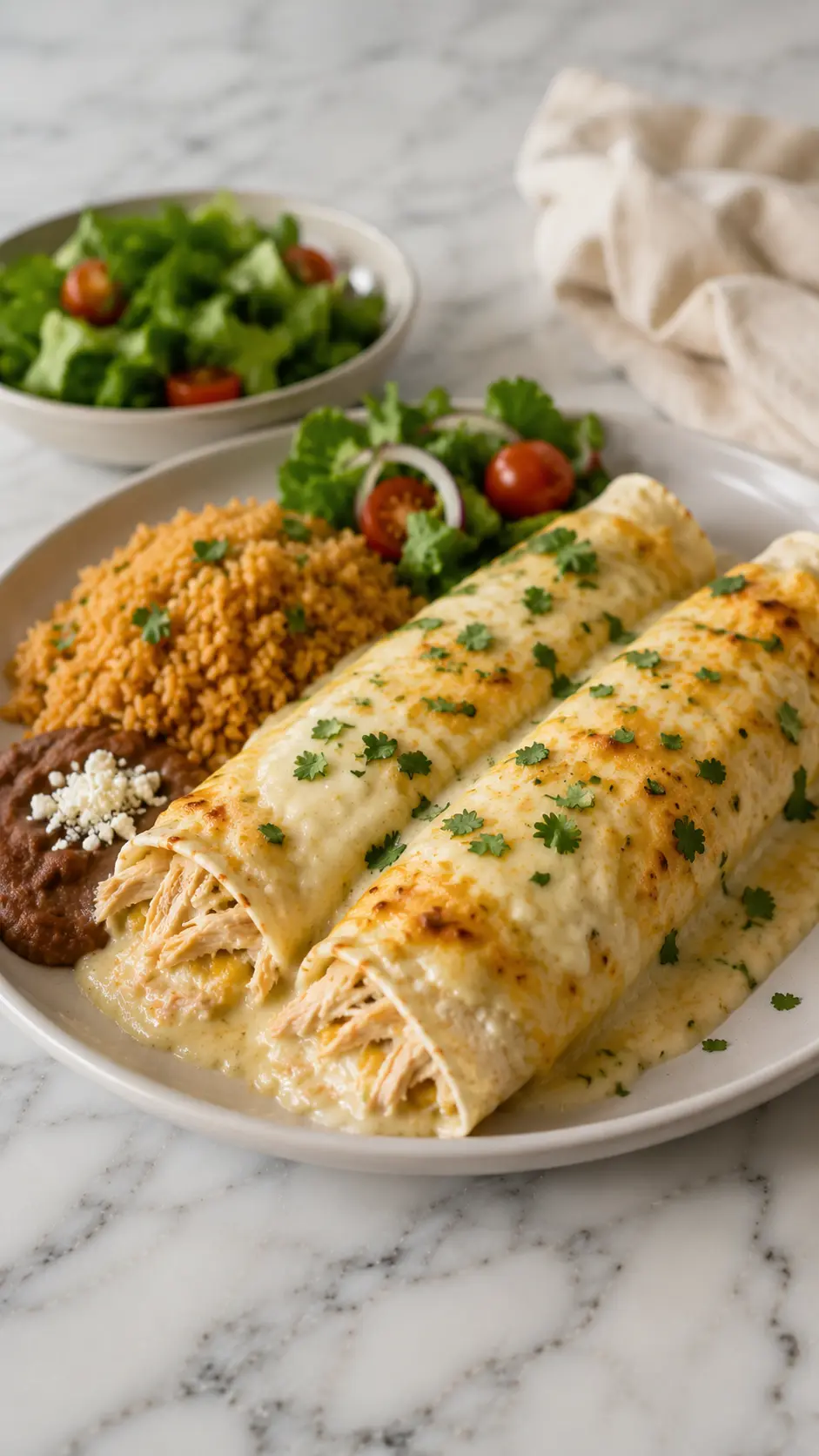 White Chicken Enchiladas served with Mexican rice, refried beans, and a fresh green salad on a white marble table.