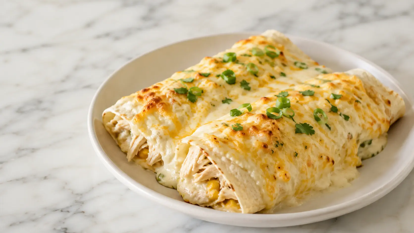 White Chicken Enchiladas baked with creamy white sauce, shredded chicken, and melted cheese on a white plate.