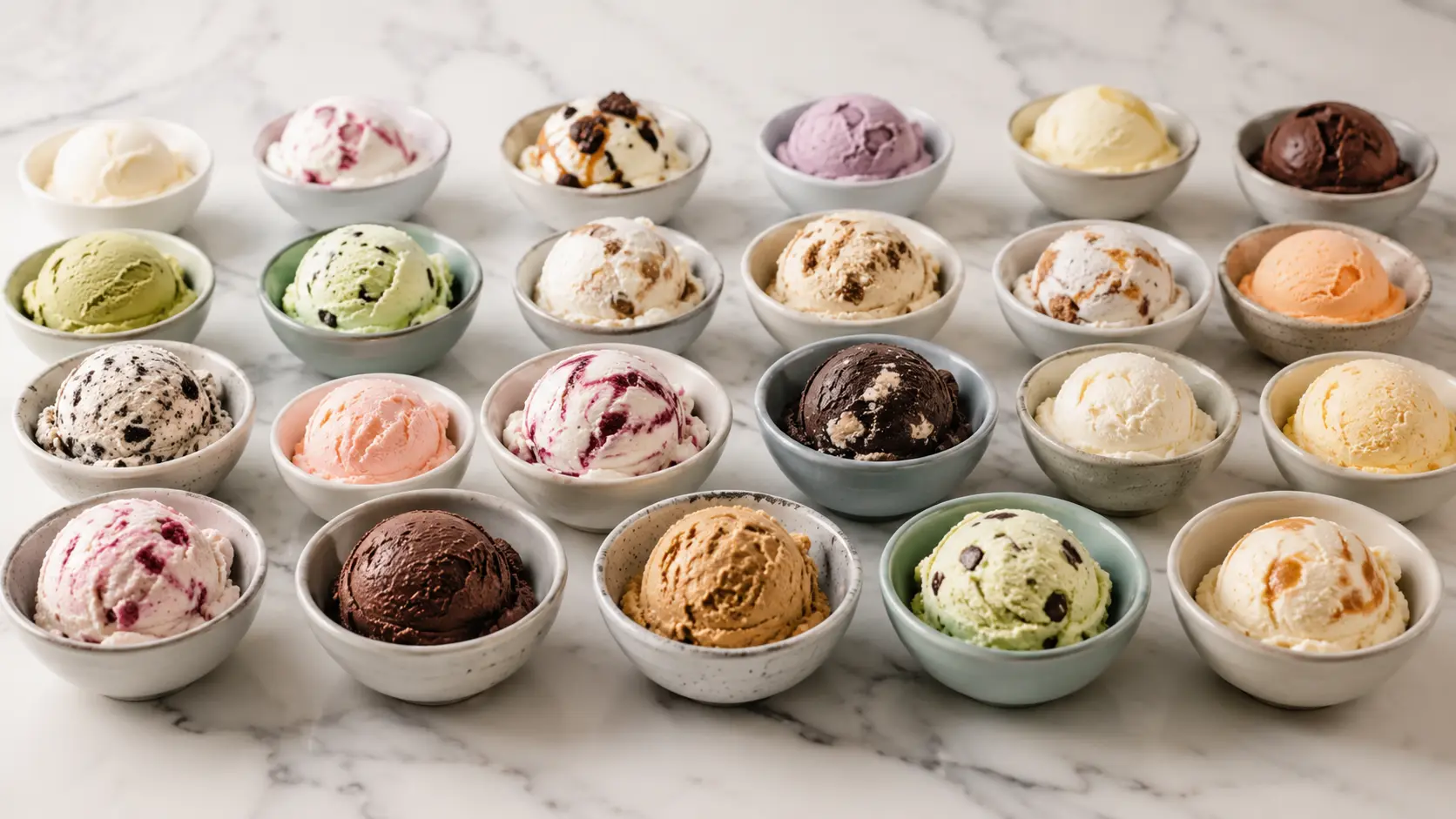 20 unique Ninja Creami ice cream flavors in small bowls on marble