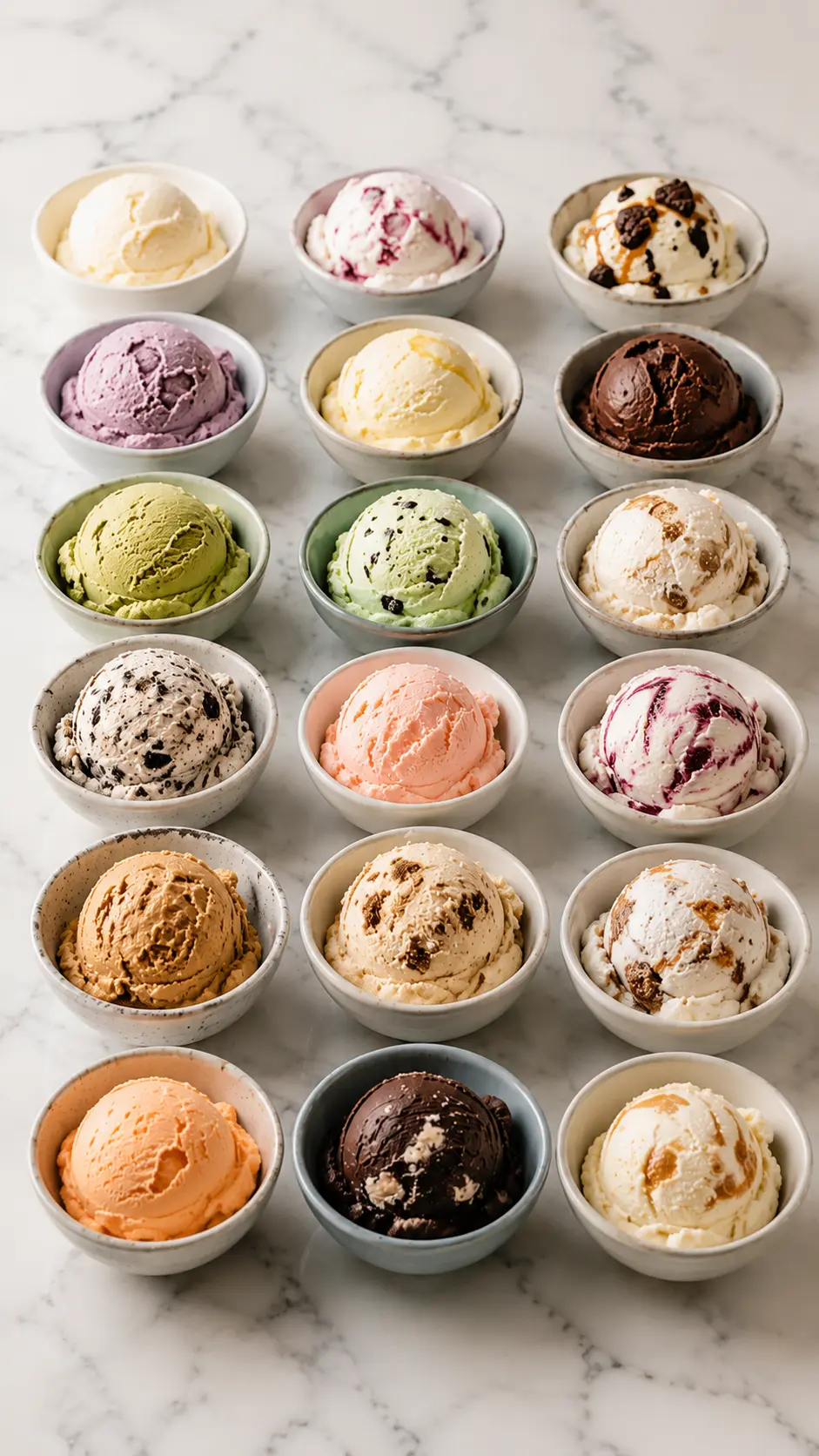 20 Unique Ninja Creami Ice Cream Flavors 20 unique Ninja Creami ice cream flavors in small bowls on marble