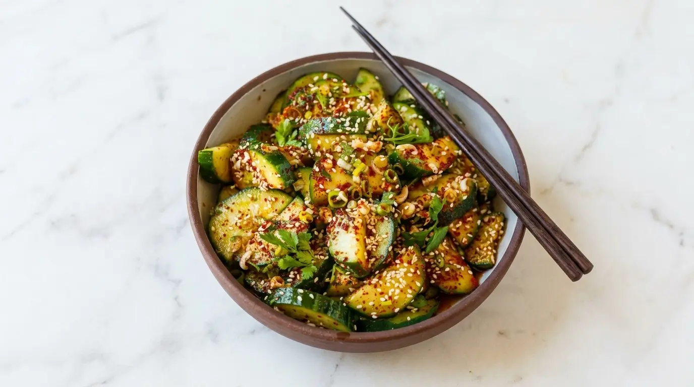 Korean cucumber salad with chili flakes, sesame seeds, and scallions in a ceramic bowl on white marble background.