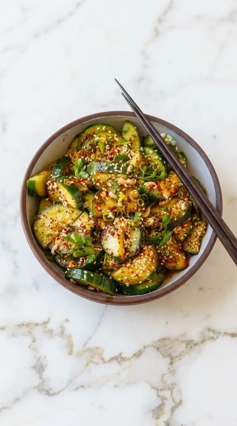 Korean Cucumber Salad Korean cucumber salad with chili flakes, sesame seeds, and scallions in a ceramic bowl on white marble background.