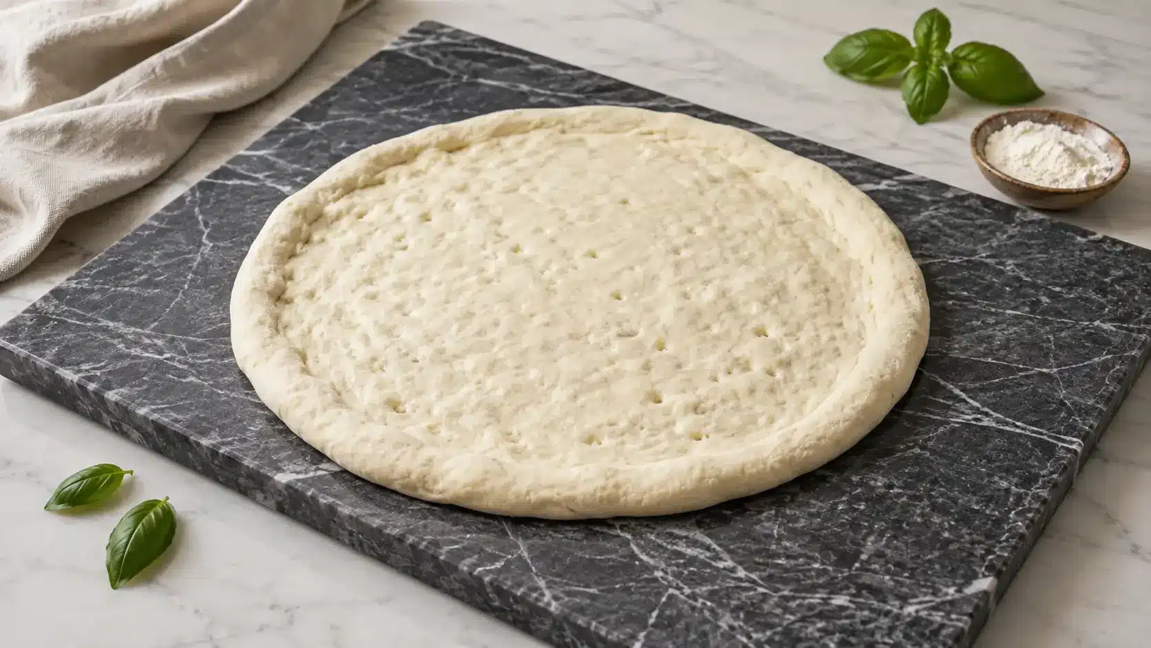 Sourdough discard pizza crust dough on a marble board