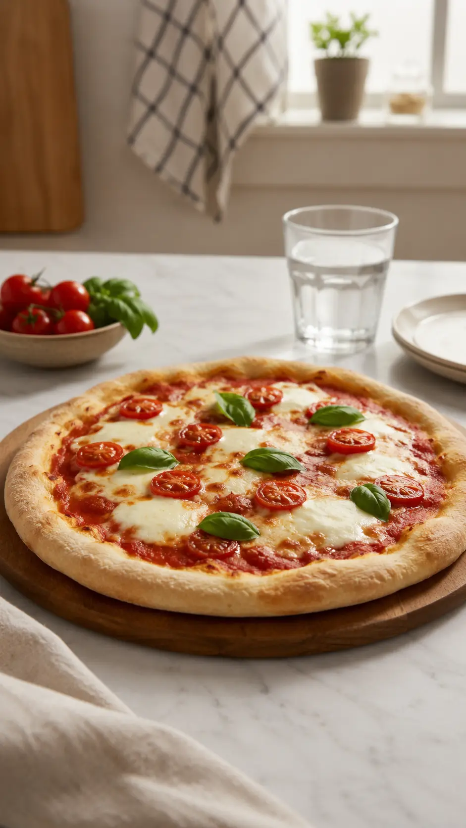 Sourdough discard pizza crust topped with tomatoes, cheese, and basil