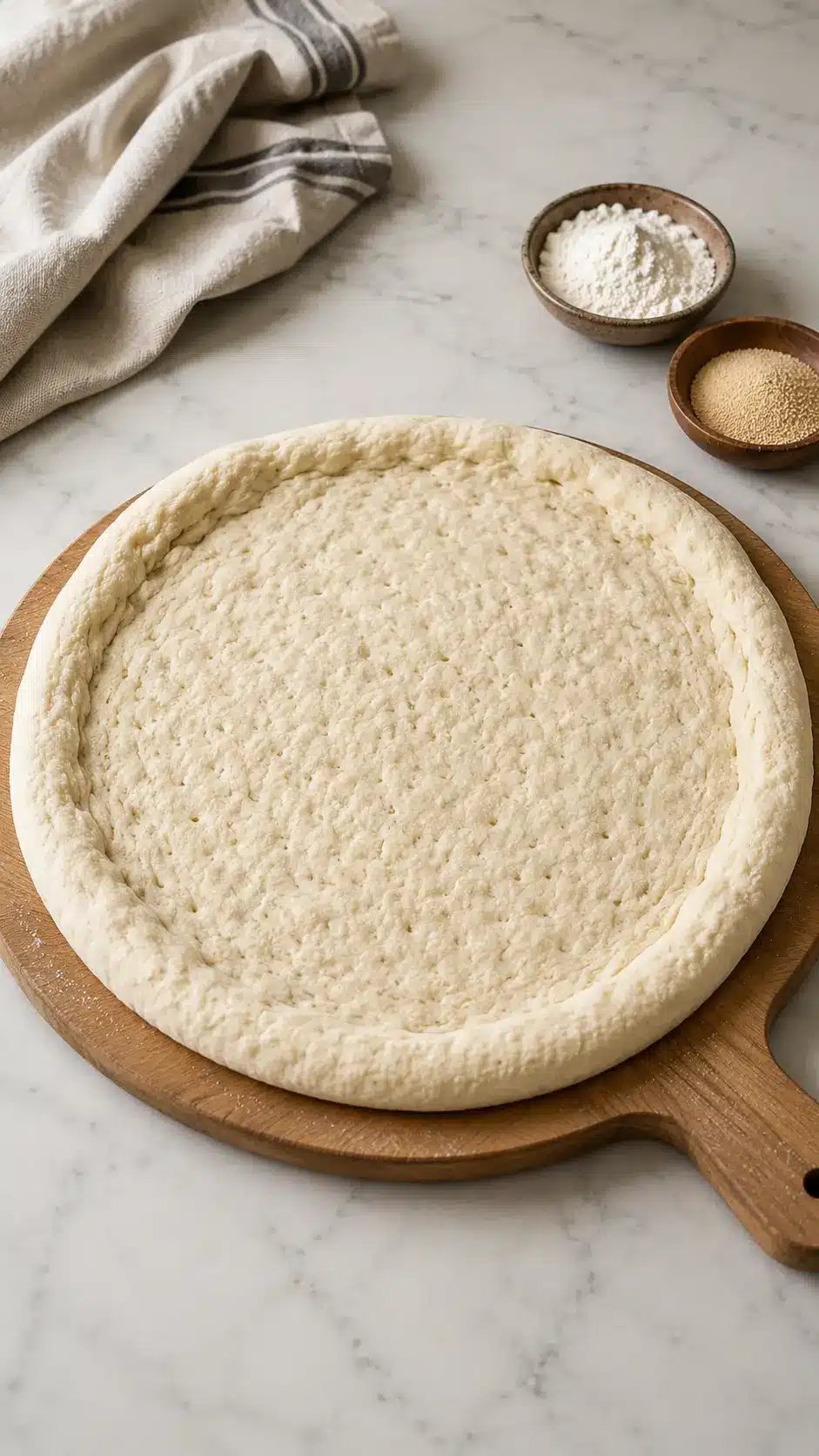 Sourdough discard pizza dough on a wooden pizza board